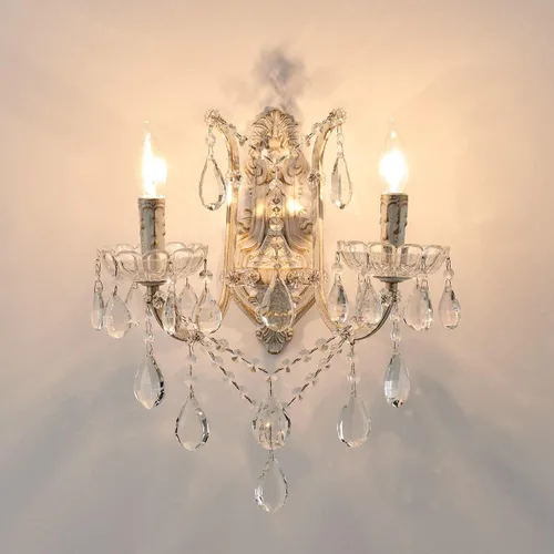 Miniatura 2 de YLONG-ZS Aplique de pared de cristal de campo francés, 2 luces envejecidas estilo vela de oro blanco con cristales de lágrima, decoración