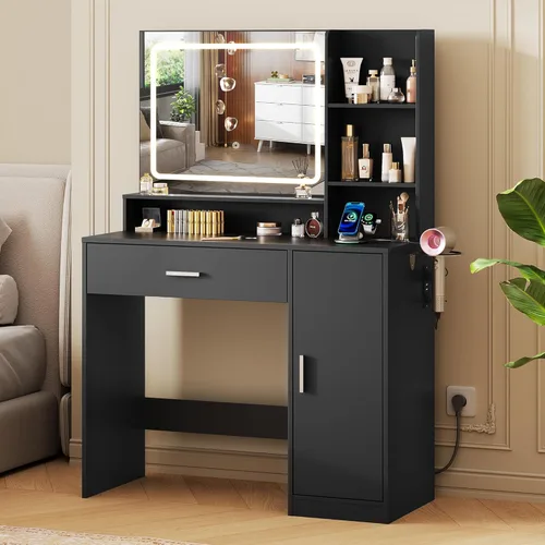 WLIVE Escritorio de tocador con espejo y luces, mesa de maquillaje con cajón, armario y estantes abiertos, tocador de dormitorio con estación de