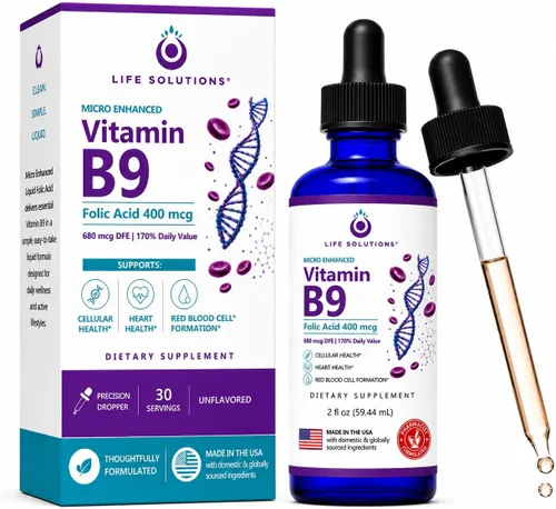 Life Solutions - Gotas líquidas de vitamina B9, ácido fólico 400 mcg, 2 onzas líquidas | 400 mcg de ácido fólico por porción en convenientes gotas