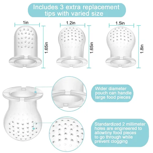 Miniatura 3 de PandaEar Paquete de 3 chupones alimentadores de frutas y alimentos para bebés, chupete de silicona con bolsas de 3 tamaños para bebés, niños