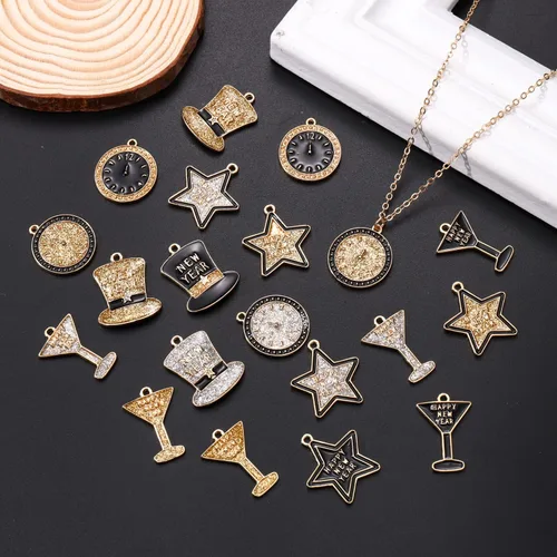 Miniatura 3 de NVENF 24 dijes de feliz año nuevo para hacer joyas, dijes de año 2023 esmaltados con purpurina y estrella, para pulsera, collar, aretes