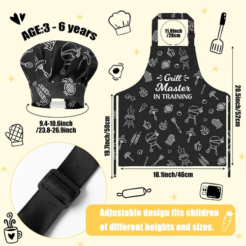 Miniatura 2 de R HORSE Juego de delantal y sombrero de chef para niños, 2 piezas, mini parrilla ajustable, delantal de cocina para niños, juego de rol, juguete