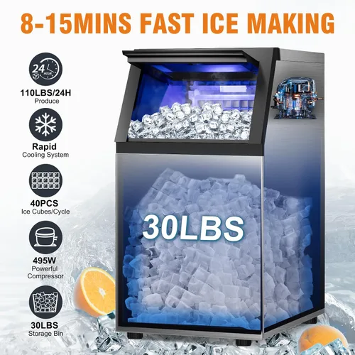 Miniatura 2 de Máquina de hielo comercial 120LBS/24H, máquina de hielo independiente de acero inoxidable, contenedor de almacenamiento de 30 libras, limpieza