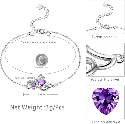 Miniatura 3 de Butterfly Heart Necklace Birthstone Pendant Necklace Earrings Bracelet Women 925 Sterling Silver Animal Butterflies Birthstone Pendant Crystal