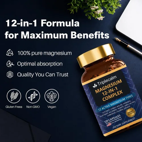 Miniatura 3 de Complejo de magnesio 12 en 1 para mujeres y hombres, suplemento de magnesio de alta absorción de 1000 mg con glicinato, citrato, malato y taurato