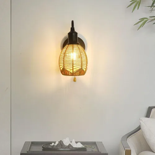 Miniatura 3 de Lámpara de pared de ratán, aplique de pared vintage de granja, lámpara de pared negra retro con tirador, iluminación interior cableada para sala