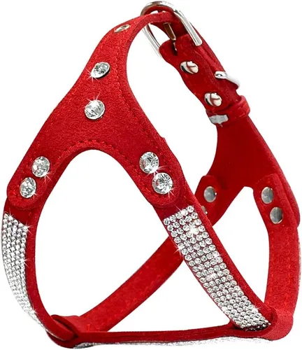 Arnés de piel de ante suave para cachorro, chaleco con diamantes de imitación para mascotas, arnés de Cachorro para perros pequeños y medianos, Rojo
