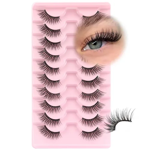 Miniatura 16 de Ahrikiss Mitad pestañas de aspecto natural, 10 pares de pestañas postizas 3D esponjosas con banda transparente, medias pestañas cortas suaves (TB10)