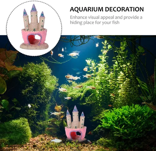 Miniatura 7 de Mipcase Decoración de acuario de castillo de dibujos animados con cueva de peces oculta, adorno para pecera pequeña para agua dulce y salada