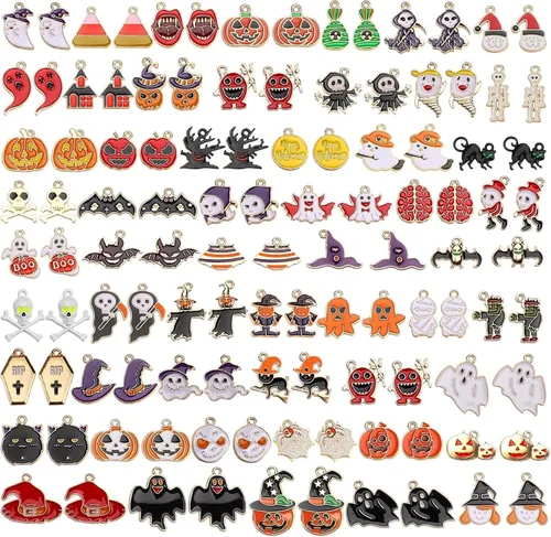 SANNIX 110 piezas 55 pares de dijes de Halloween esmaltados dorados para Halloween, aretes, pulseras, collares, manualidades