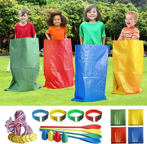 Abnaok 20 bolsas de carreras de sacos de patatas para juegos al aire libre, bandas de carreras de 3 patas, con huevos y cucharas, juegos de césped