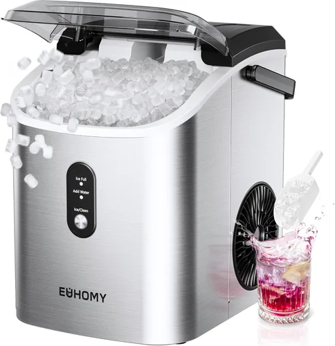 Miniatura 12 de EUHOMY, Fabricador de hielo para encimera con asa, listo en 6 minutos, 34 libras por día, cubierta superior extraíble, autolimpiante, máquina