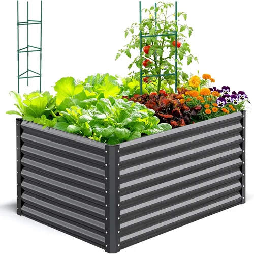 Miniatura 13 de Quictent Jardinera elevada galvanizada de 6 x 3 x 2 pies, maceta de metal sin fondo para patio trasero al aire libre, incluye 1 jaula de tomate Gris