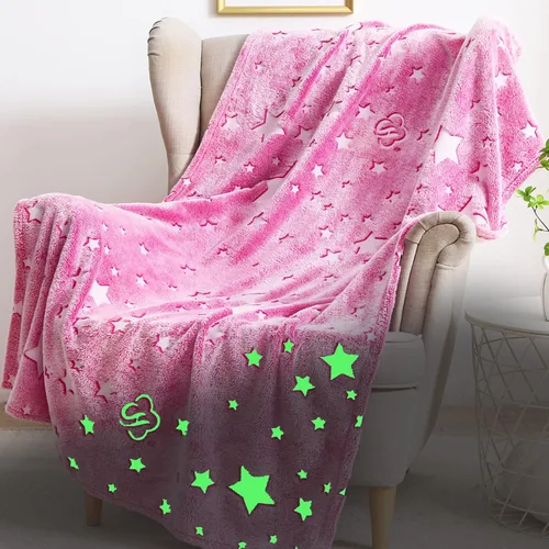 Manta que brilla en la oscuridad para niñas, cumpleaños, color púrpura y rosa, luna y estrella, manta suave para niños, niñas pequeñas,
