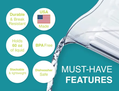 Miniatura 3 de Arrow - Jarra de plástico transparente, 60 onzas, diseño apilable que ahorra espacio, apta para lavavajillas, ideal para agua, cerveza y jugo, sin