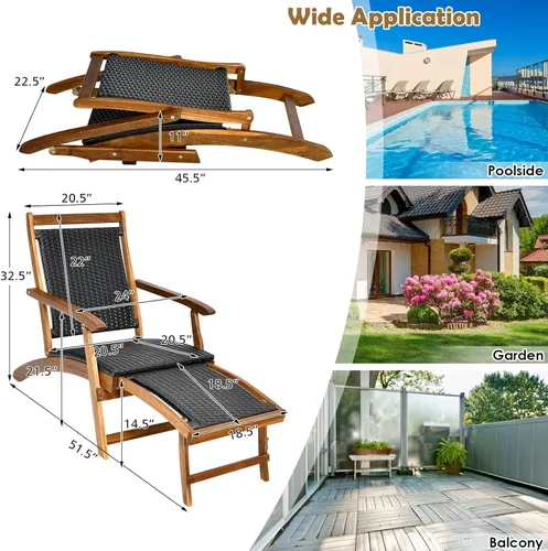 Miniatura 3 de COSTWAY Marco de madera plegable de la silla de salón de la rota del patio W/el reposapiés retráctil