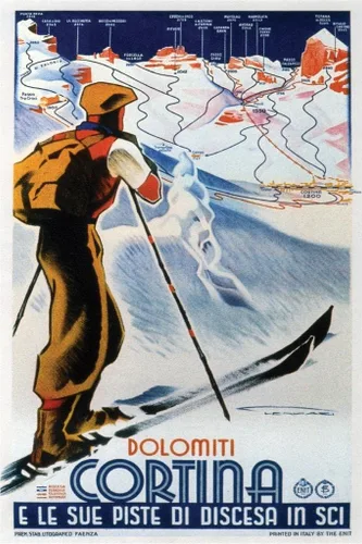 Dolomiti Cotina Italia Esquí Esquí Vintage Ilustración Viajes Art Deco Francés Art Nouveau 1920 Anuncio publicitario francés Cool Wall Art Print