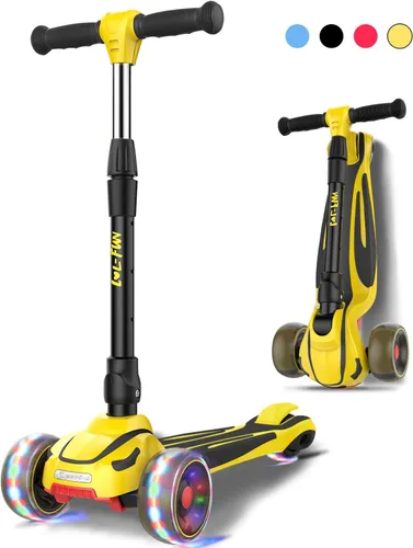 LOL-FUN Scooter para niños de 3 a 12 años de edad con luces LED de 3 ruedas, extra ancho plegable para niños de 3 a 5 años con 4 alturas ajustables