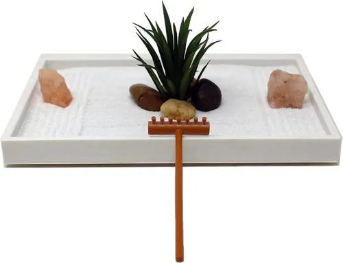 Miniatura 2 de Kit de jardín zen mini de Nature's Mark para escritorio con arena blanca, rastrillo, base blanca, roca de sal y planta aérea (hexágono)