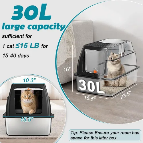 Miniatura 2 de SZEE Caja de Arena de Acero Inoxidable, Caja de Arena para Gatos de Metal Cerrada XL con Salida Superior con Tapa y Recinto, Control de Olores