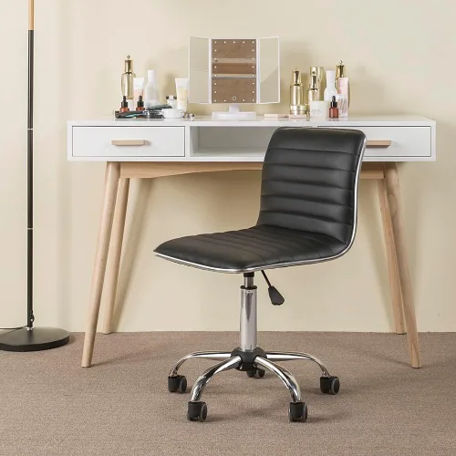 Miniatura 2 de Topeakmart Silla de trabajo con respaldo medio, respaldo bajo, de cuero, giratoria, para oficina, computadora, escritorio, retro, sin brazos, Negro