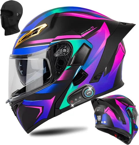 Miniatura 3 de Casco modular Bluetooth para motocicleta, certificado DOT, abatible, de cara completa, antivaho, doble máscara, casco de motocicleta de calle