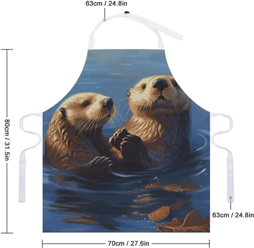 Miniatura 2 de MUSM Sea Otters Painting Apron，Classic Vintage Funny with Pockets Aprons,Adjustable Bib Waterdrop Resistant for Kitchen Cooking Restaurant BBQ