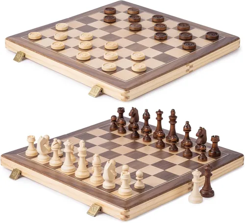 Miniatura 5 de A&A Juego de ajedrez y damas de madera plegable de 15 pulgadas para adultos / Piezas de ajedrez Staunton ponderadas de 3 pulgadas de altura del rey