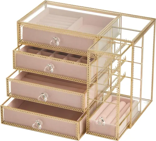 Hersoo Caja de cajones de joyería con espejo de cristal, organizador de borde de metal vintage, exhibición de belleza para collares, aretes,