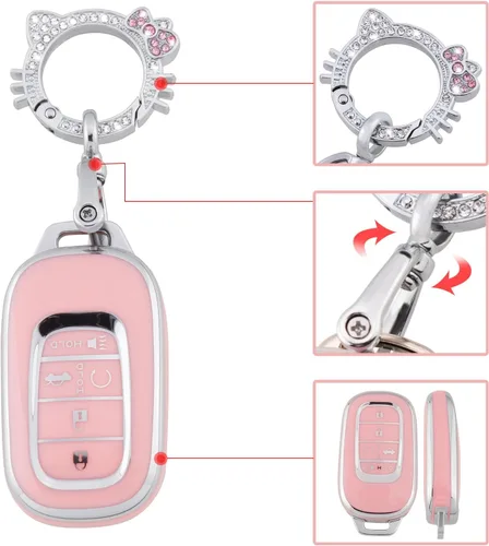 Miniatura 4 de Pangpai Funda de Llavero Rosa para Honda, Protección de Funda de Llave de TPU Suave con Llavero Brillante Compatible con Honda Accord Civic CRV