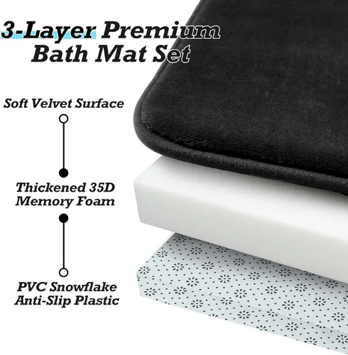 Miniatura 8 de HUXMEYSON Juego de alfombras de baño de 2 piezas, juego de alfombrillas antideslizantes y de secado rápido, alfombras de baño ultra suaves de Negro