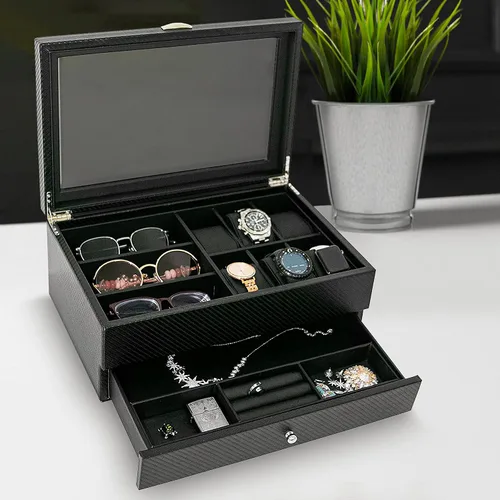 Miniatura 8 de HAUTEROW Caja organizadora de relojes para hombres, caja de joyería, estuche de reloj, organizador de gafas de sol, bandeja de valet, organizador