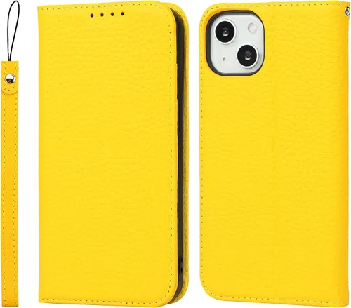 iCoverCase Funda tipo cartera compatible con iPhone 13 con tarjetero y correa para la muñeca, bloqueo RFID, funda magnética para teléfono de 6.1