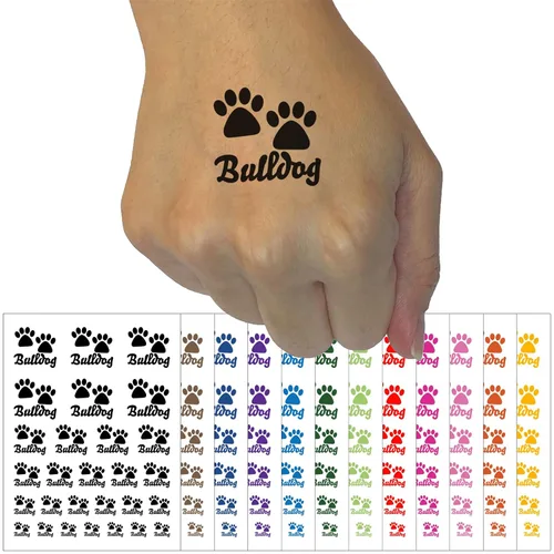 Juego de arte corporal falso con estampado de patas de perro Bulldog, texto divertido, tatuaje temporal, resistente al agua, color azul claro (una
