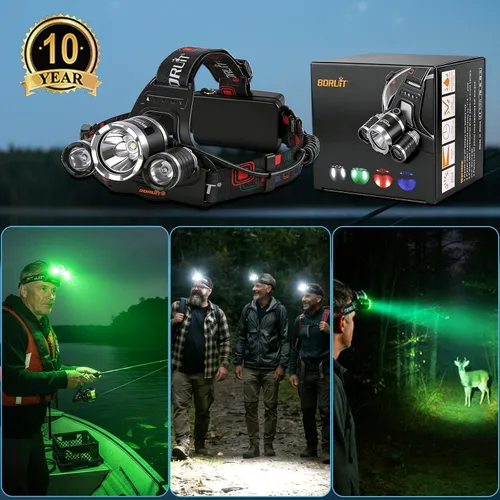 Miniatura 7 de BORUIT Linterna frontal LED recargable RJ-3000 súper brillante con luz verde, 3 modos de lámpara de cabeza USB súper brillante IPX4 faro impermeable
