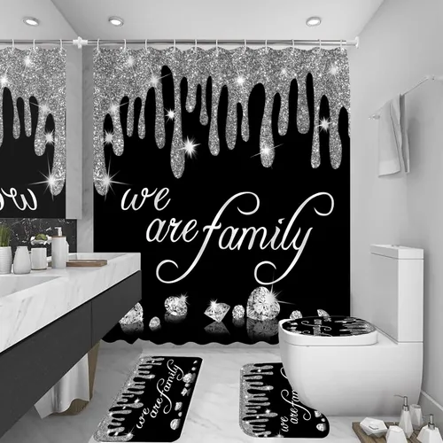 Miniatura 8 de Juego de 4 cortinas de ducha familiares de diamantes con purpurina, cortina de ducha negra con tapa de inodoro y alfombras, cortinas de ducha