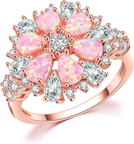 CiNily Anillo de ópalo, chapado en oro rosa de 14 quilates, circonita cúbica de ópalo rosa, anillo de piedras preciosas para mujer, talla 5-12,