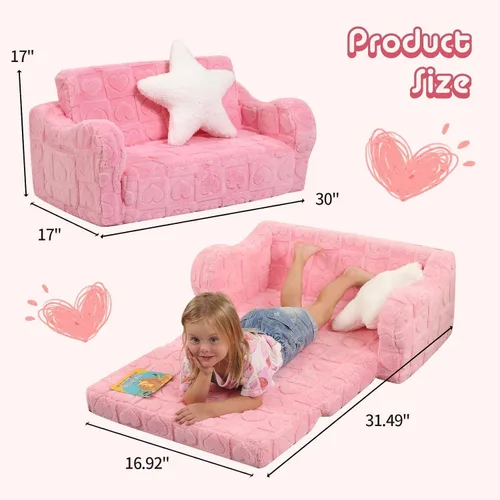 Miniatura 3 de MOMCAYWEX Sofá para bebé, 2 en 1, sofá suave para niños plegable con almohada de estrellas, sofá plegable para convertir en sofá cama, extra ancho