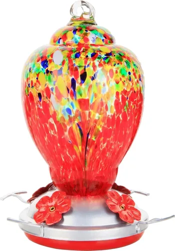 WOSIBO Comedero para colibríes para exteriores, patio, grande, 32 onzas, comedero para colibríes de vidrio soplado a mano colorido con foso
