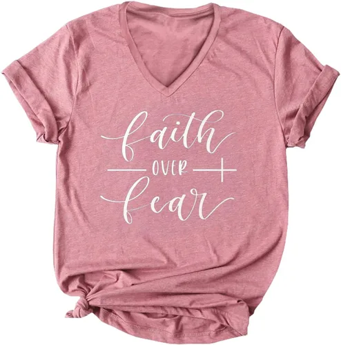 Faith Over Fear - Camiseta para mujer, camiseta gráfica inspiradora con letras impresas para niñas, camisetas casuales