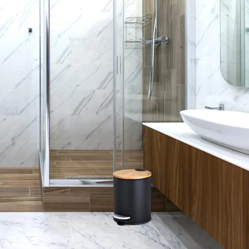 Miniatura 7 de SIDIANBAN Bote de basura pequeño para baño con tapa de bambú, 1.3 galones/5 litros, negro, hierro