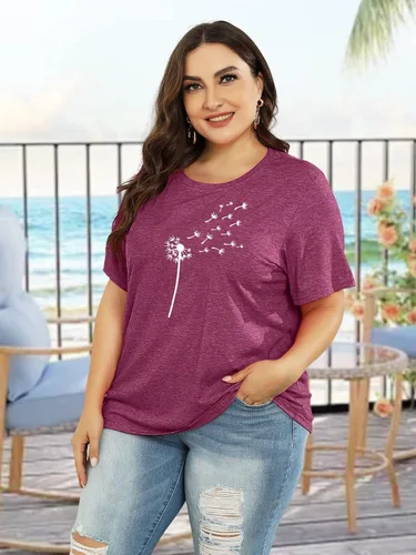Miniatura 3 de Camiseta de verano para mujer, talla grande, con diente de león, manga corta, cuello redondo, holgada, casual