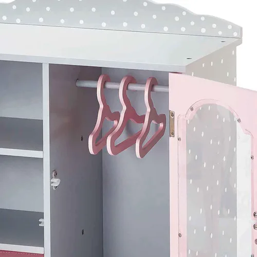 Miniatura 9 de Olivia's Little World Armario doble de madera estilo coctelera de lunares para armarios de muñecas de 18 pulgadas con puertas con ventana, tres