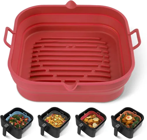 Miniatura 12 de [Paquete de 2] Forros cuadrados de silicona para freidora de aire – Cesta reutilizable para freidora de aire – Olla fácil de limpiar para freidora