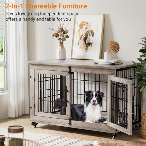 Miniatura 2 de Lulive Muebles de Jaula Grande para Perros, Mesa Auxiliar de Jaula para Perros de Madera de 38'', Perrera para Perros de Doble Puerta
