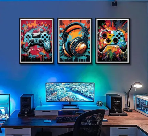 Miniatura 3 de PPV 3 piezas de arte de pared de juegos geniales, pósteres de videojuegos retro en acuarela, imágenes de gamepad de neón colorido, pintura en lienzo