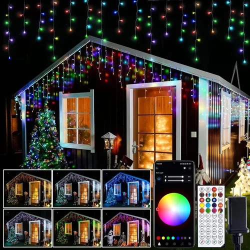 Miniatura 9 de JMEXSUSS 400 luces LED de Navidad de carámbano de 38.8 pies con control remoto, tira de luces multicolor para exteriores enchufables, 8 modos
