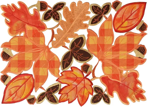 Manteles individuales bordados de hojas de arce a cuadros para Acción de Gracias, decoración de cosecha de otoño (13 x 19 pulgadas, juego de 4)