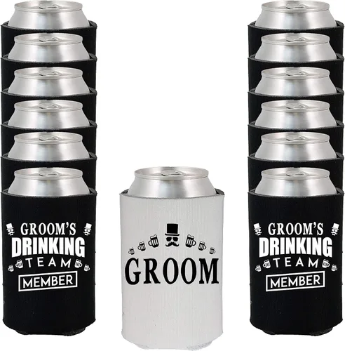 Shop4Ever El miembro del equipo de bebida del novio y el novio puede enfriar ~ Enfriadores de manga para latas de cerveza para despedida de soltero