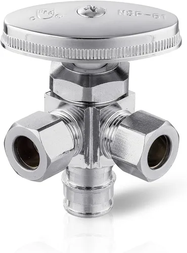EFIELD Válvula de parada angular de doble salida multigiro, entrada de tubo PEX-A de expansión de 1/2" F1960 x salida de compresión (3/8 pulgadas x